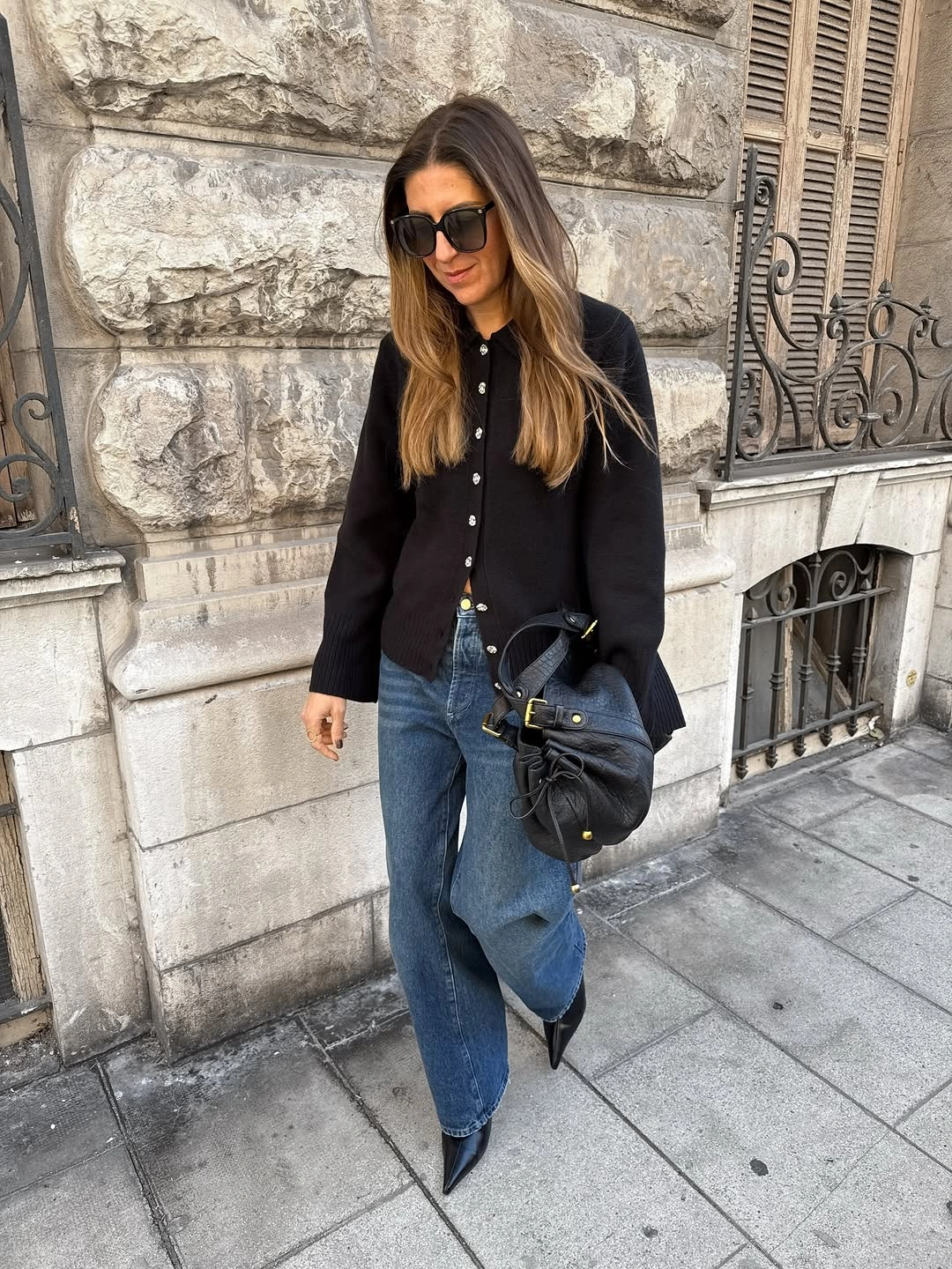 September outfits ideas 2026 Black Jacket With Barrel-Leg Denim