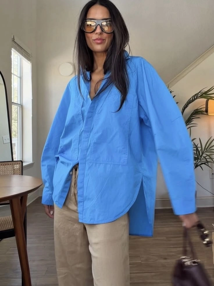 September outfits ideas 2026 Oversized Blue Shirt With Beige Trousers