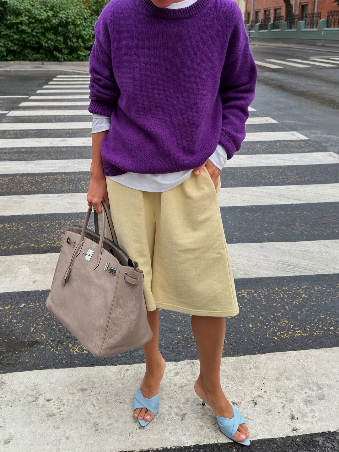 September outfits ideas 2026 Purple Sweater With Cream Skirt And Blue Mules