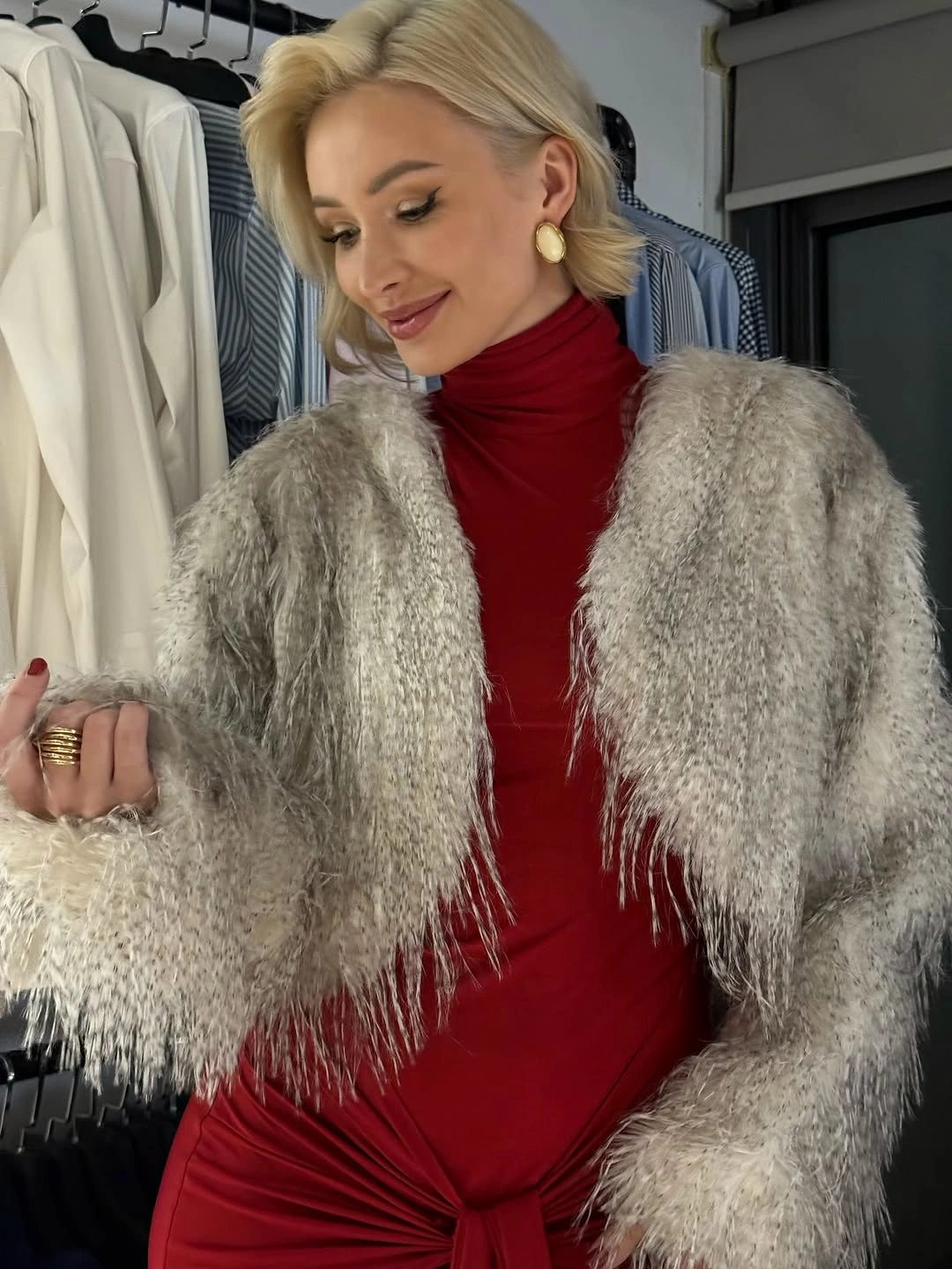shaggy jacket Grey Texture with a Bold Red Statement