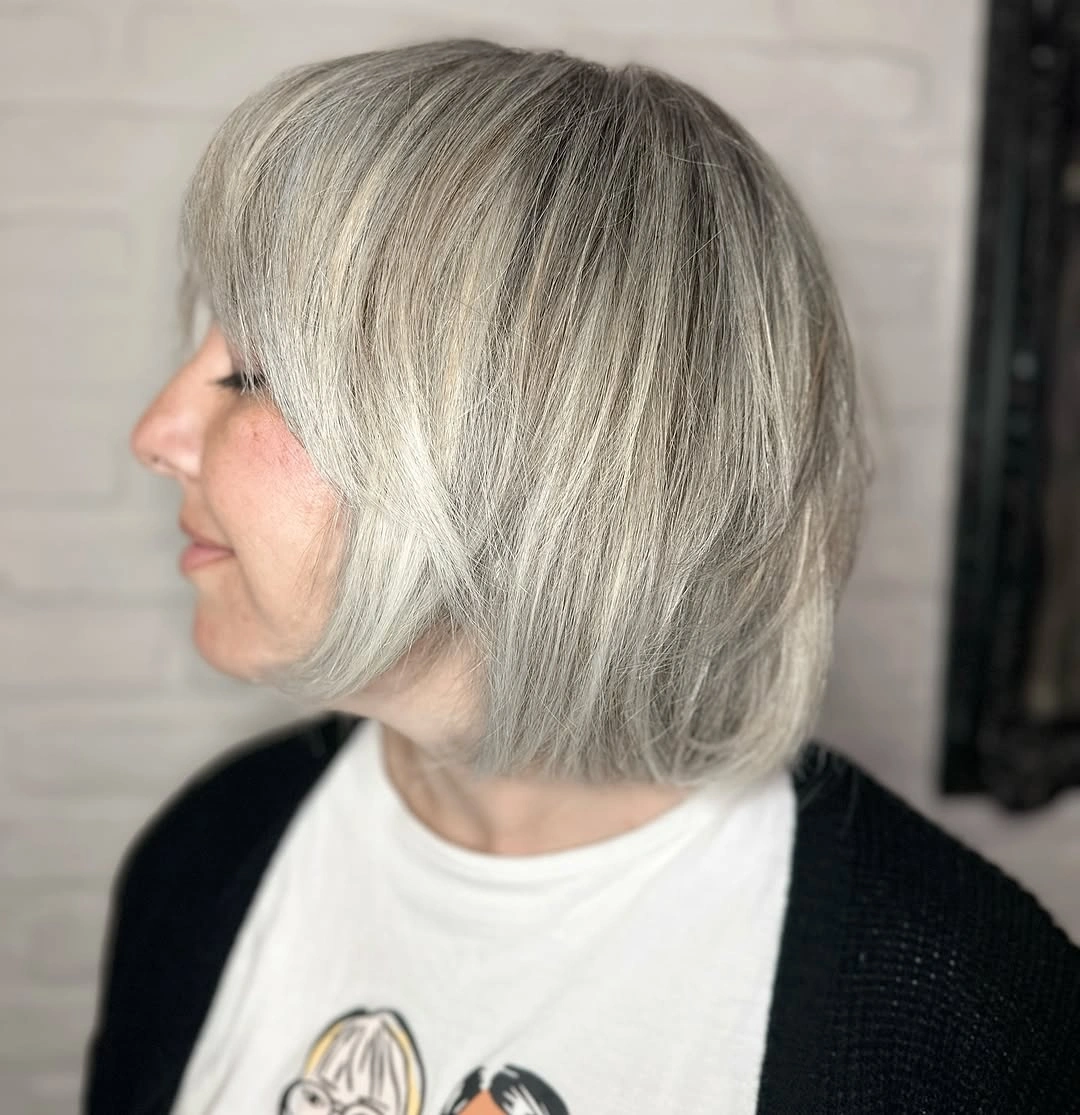 short bobbed hairstyle Silver Layered Bob with Soft Face-Framing Shape