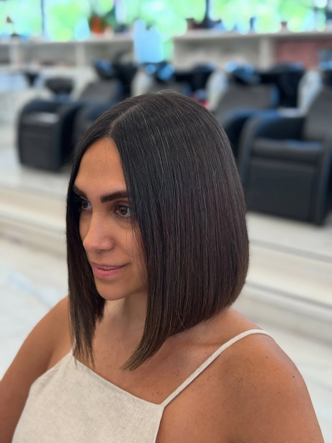 short bobbed hairstyle Elegant Long-Line Bob with Glass Hair Finish