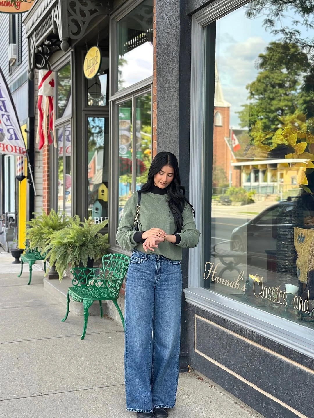 wide leg jeans outfit fall 2026 Green Knit And Wide Jeans With Relaxed Everyday Charm
