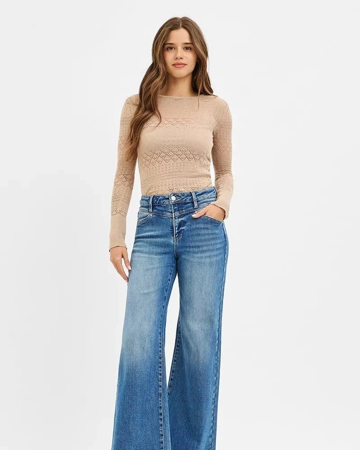 wide leg jeans outfit fall 2026 Feminine Knit And Wide Jeans With A Soft Fall Balance