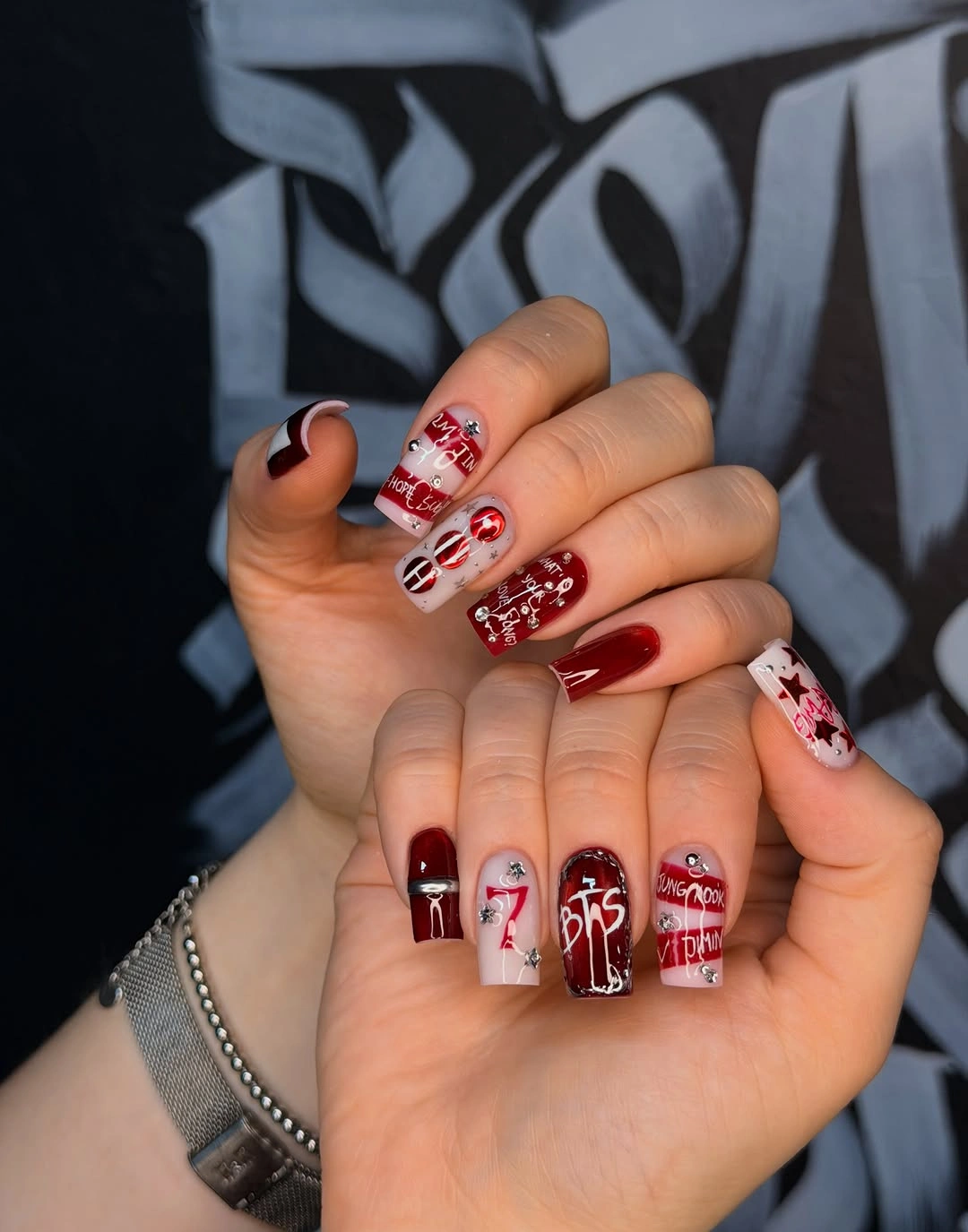 long red white square nails with festive graphic motifs
