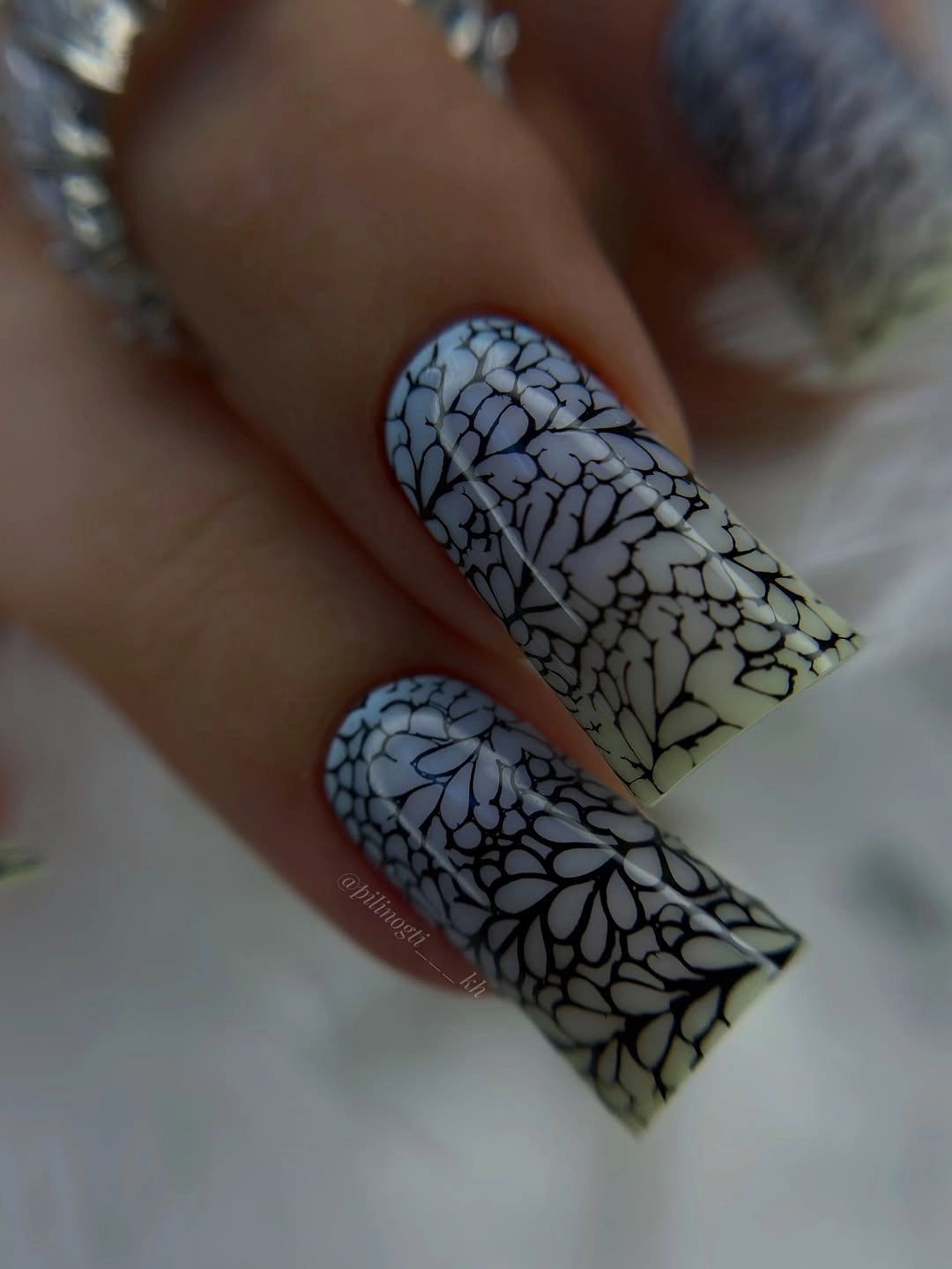 neutral long nails with black botanical line art