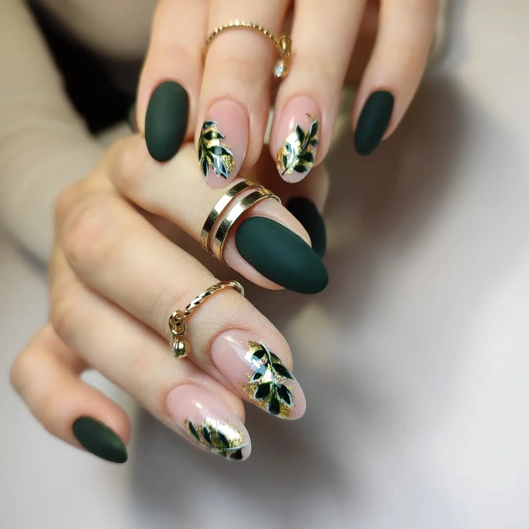 forest green cream almond nails with leaf details