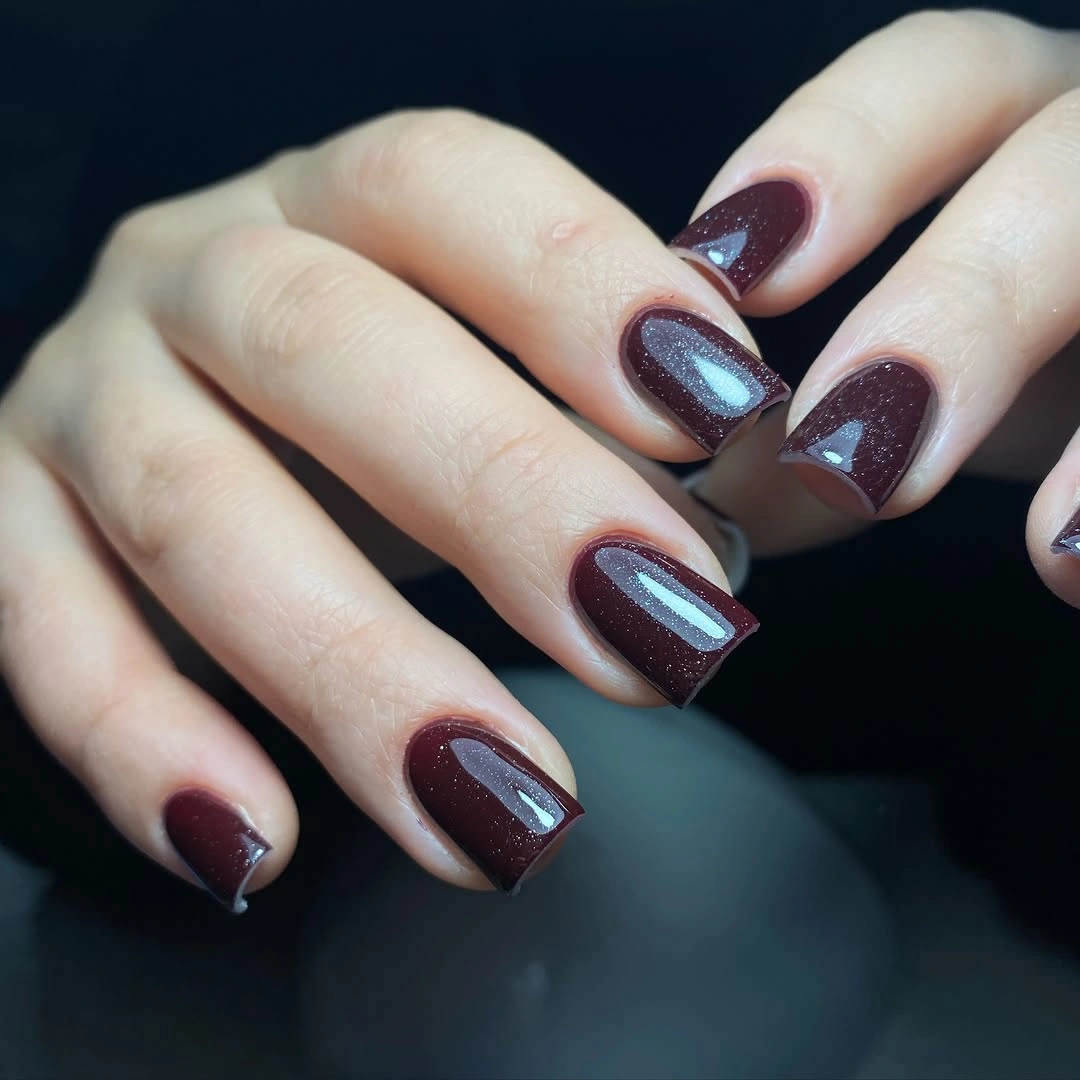 Short glossy black cherry brown rounded-square nails
