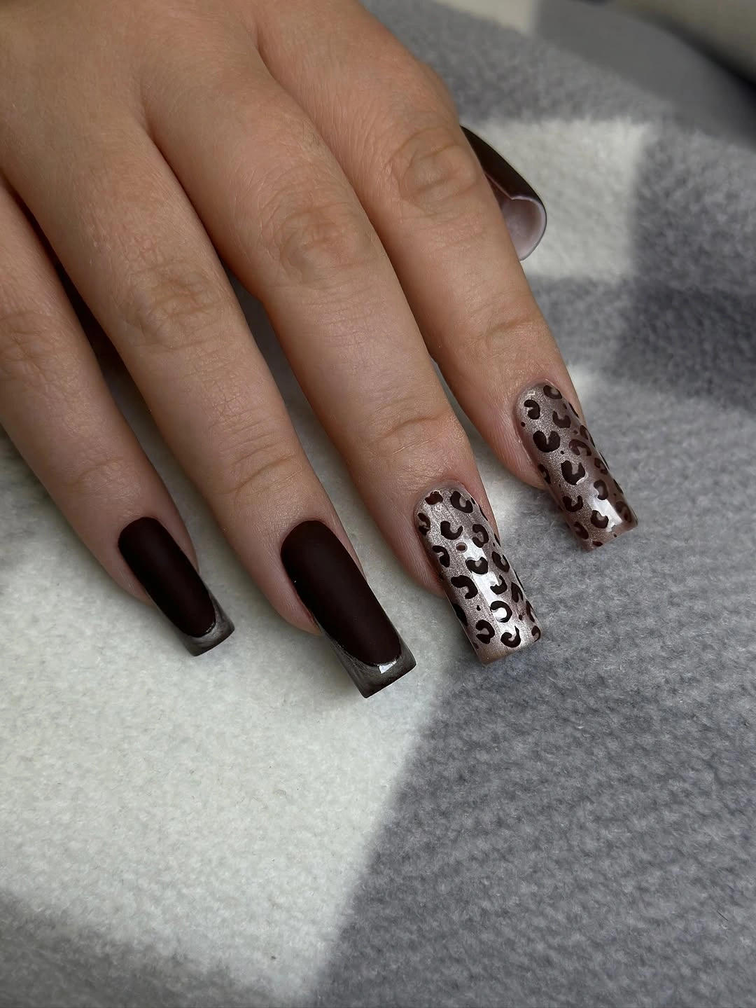 Matte espresso square nails with leopard print accents