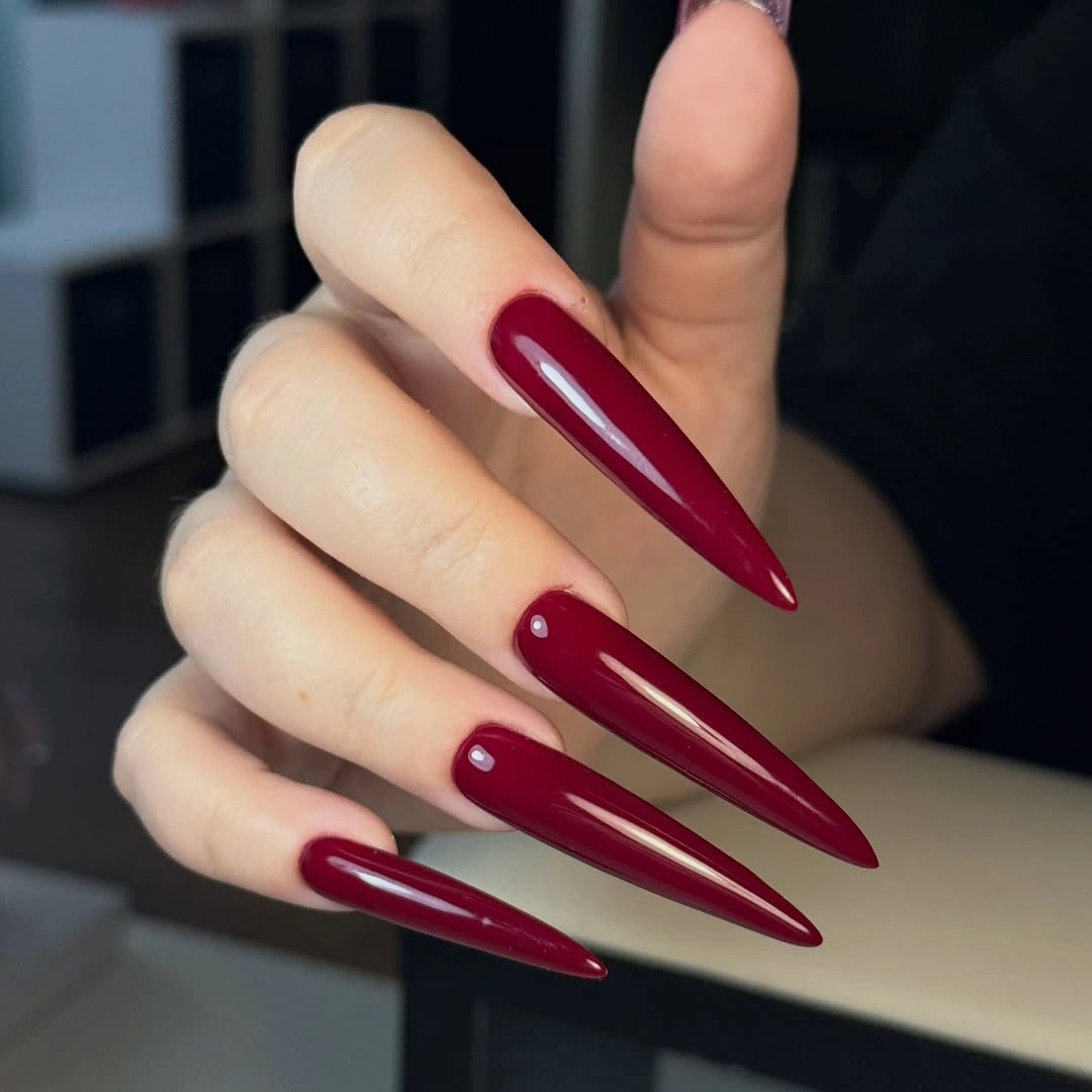 Very long glossy burgundy stiletto nails