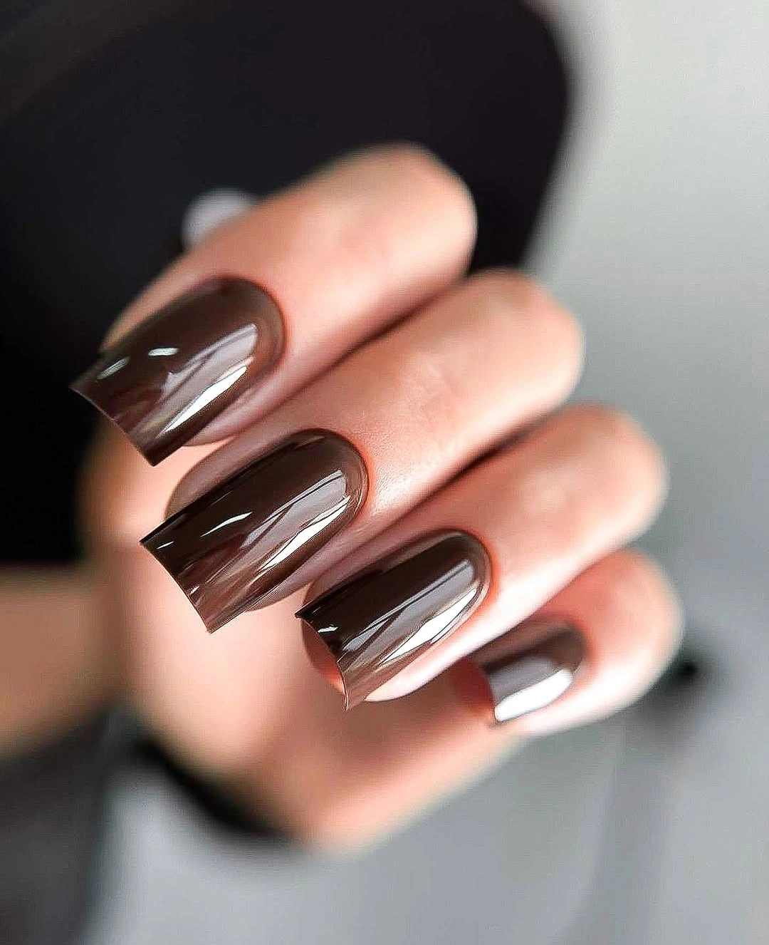 Long square glossy chocolate brown nails