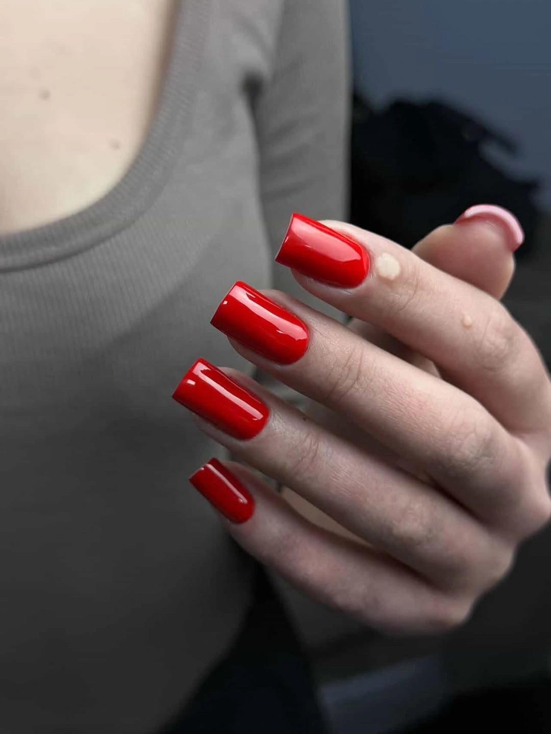 Long square nails in glossy classic bright red