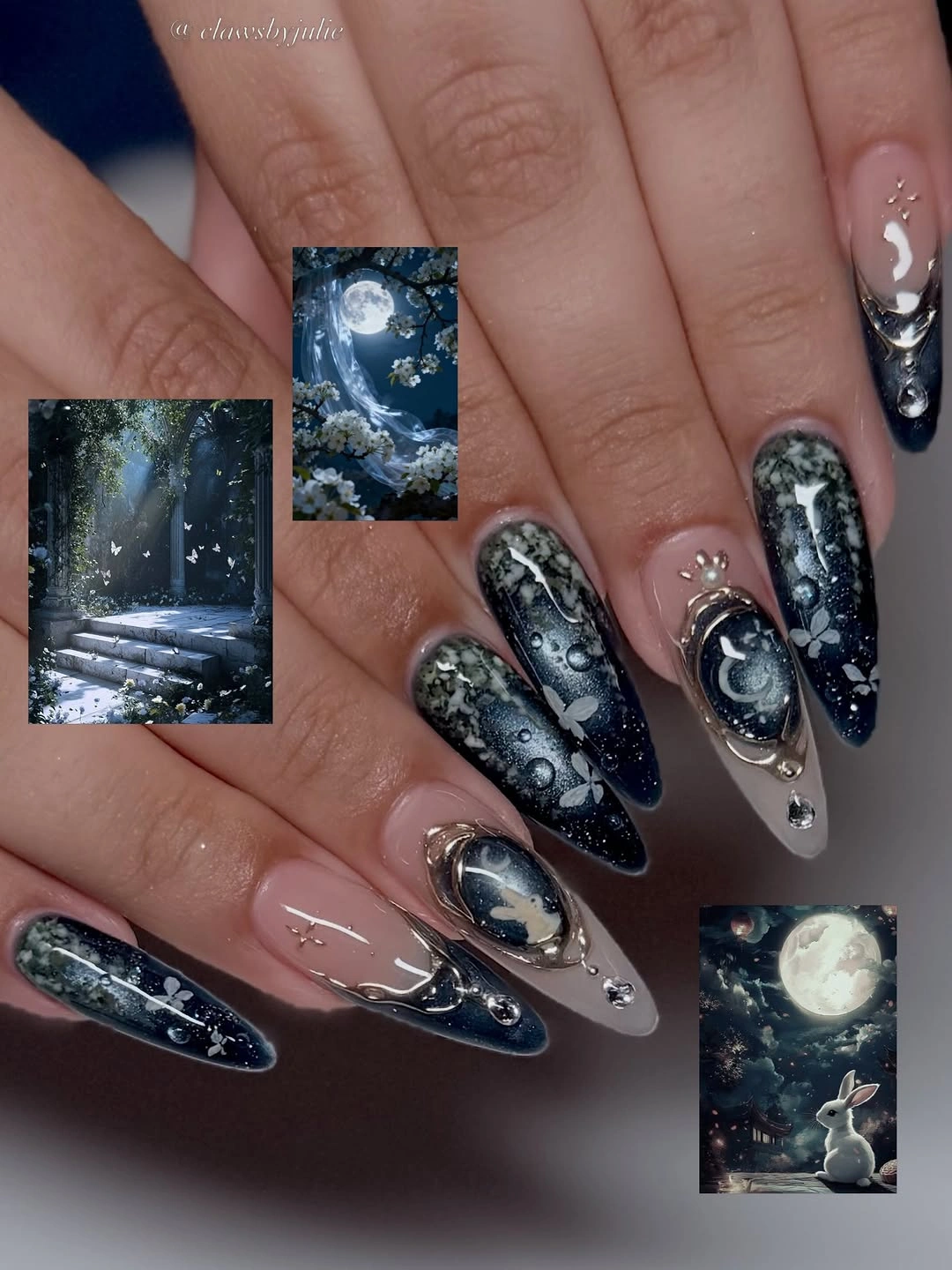 Long navy celestial nails with silver and clear accents