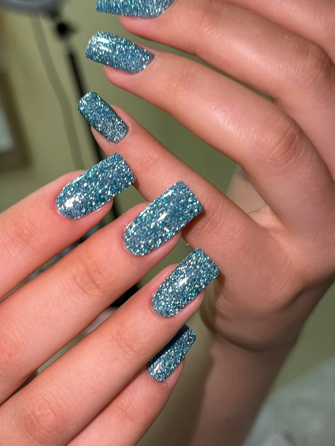 Teal glitter square nails with full sparkle