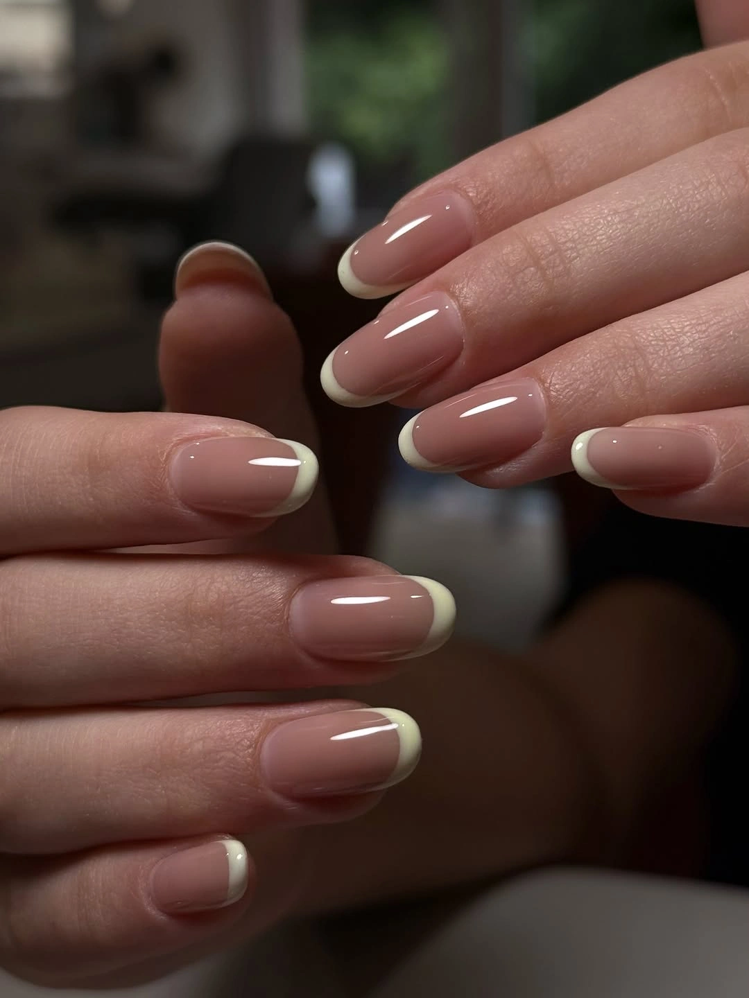 Cream French almond nails with glossy nude base