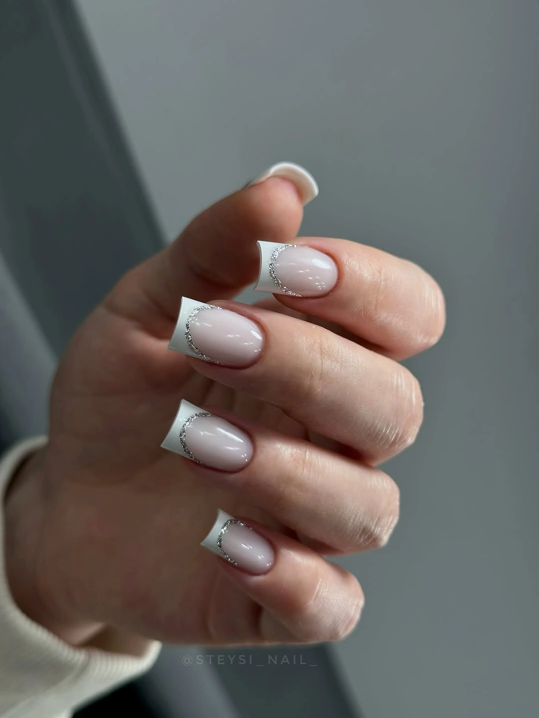 White French square nails with silver cuticle curves