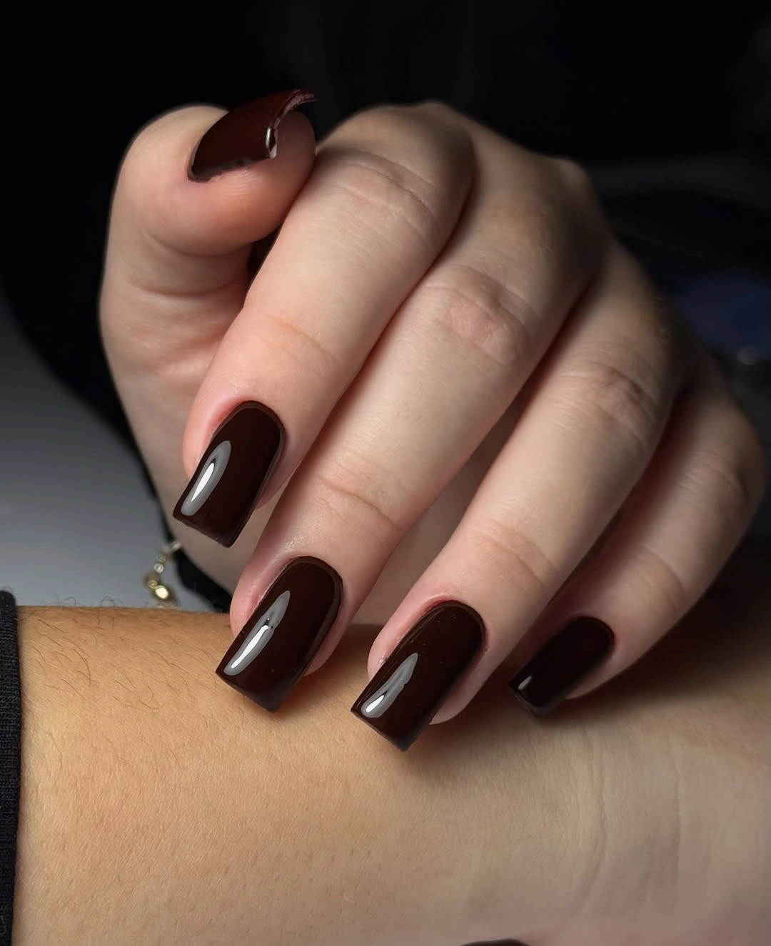 Dark chocolate glossy square nails