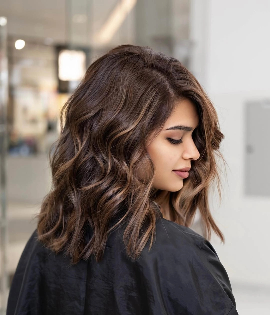 Shoulder-length chocolate lob with loose waves