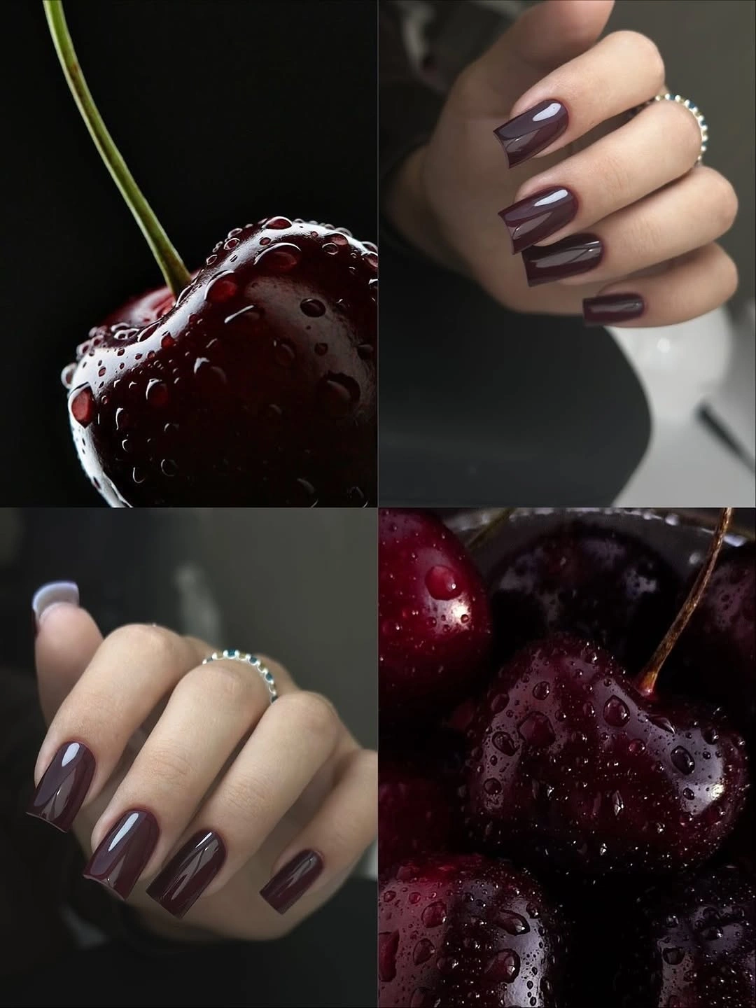 Short glossy burgundy nails with a deep cherry-toned mood