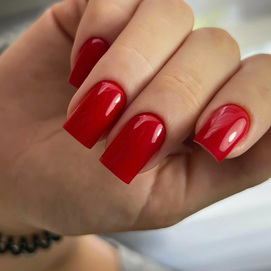 Long glossy bright red square nails
