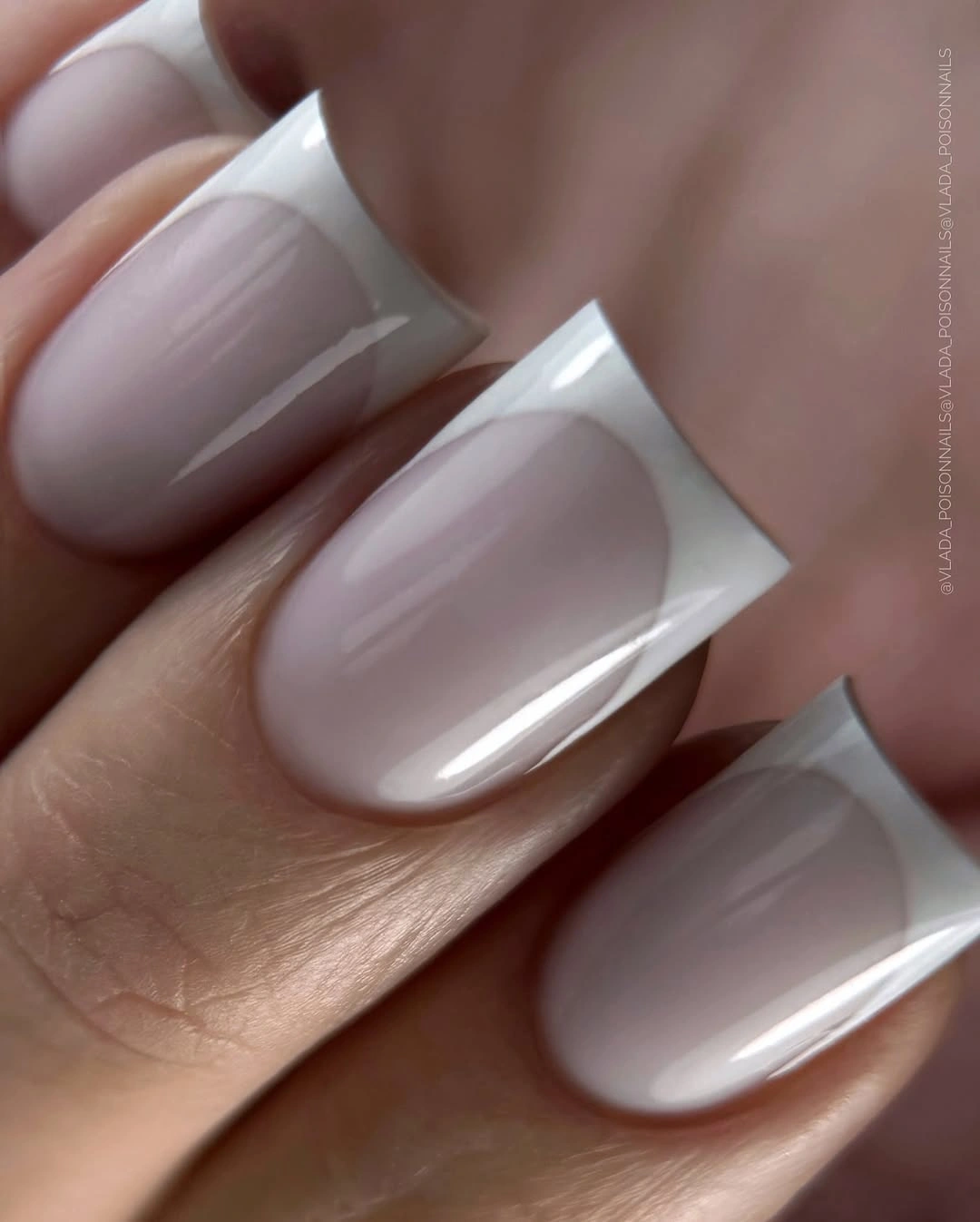 milky pink square nails with bright white French ends