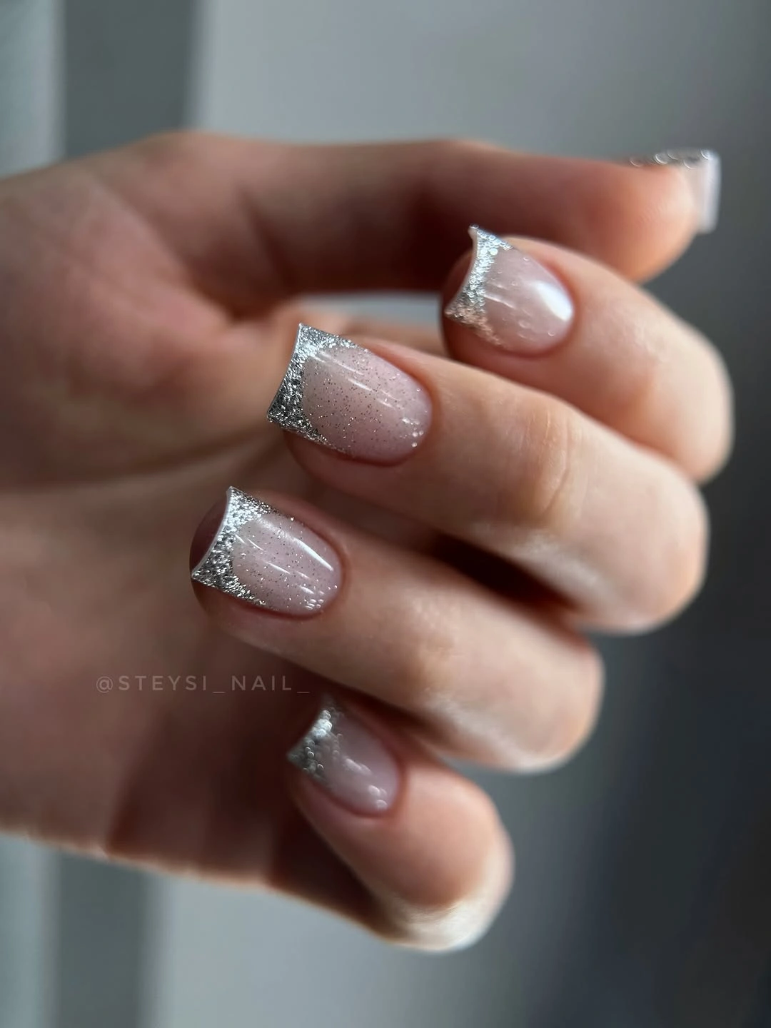 pink square nails with dense silver glitter French tips