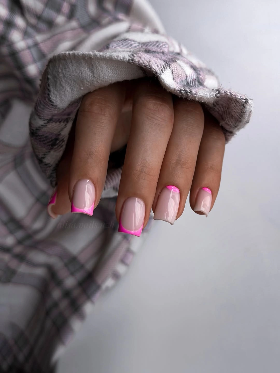 Pale pink square nails with vivid hot pink French tips