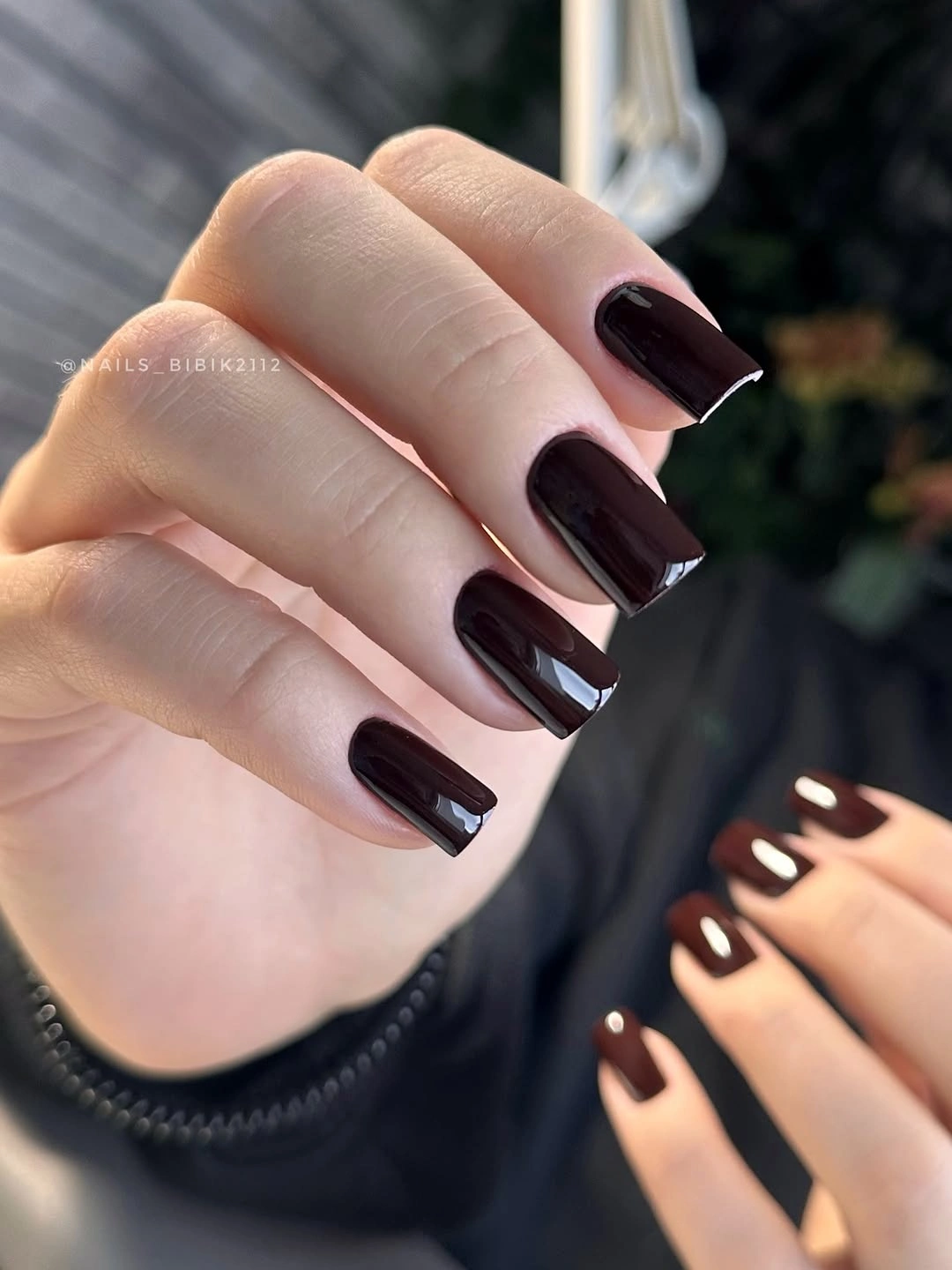 Deep burgundy brown glossy medium square nails