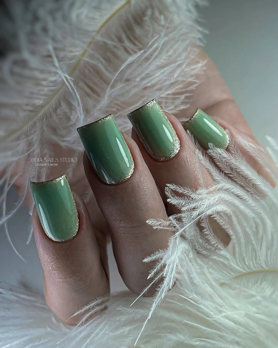 Glossy muted sage green short square nails