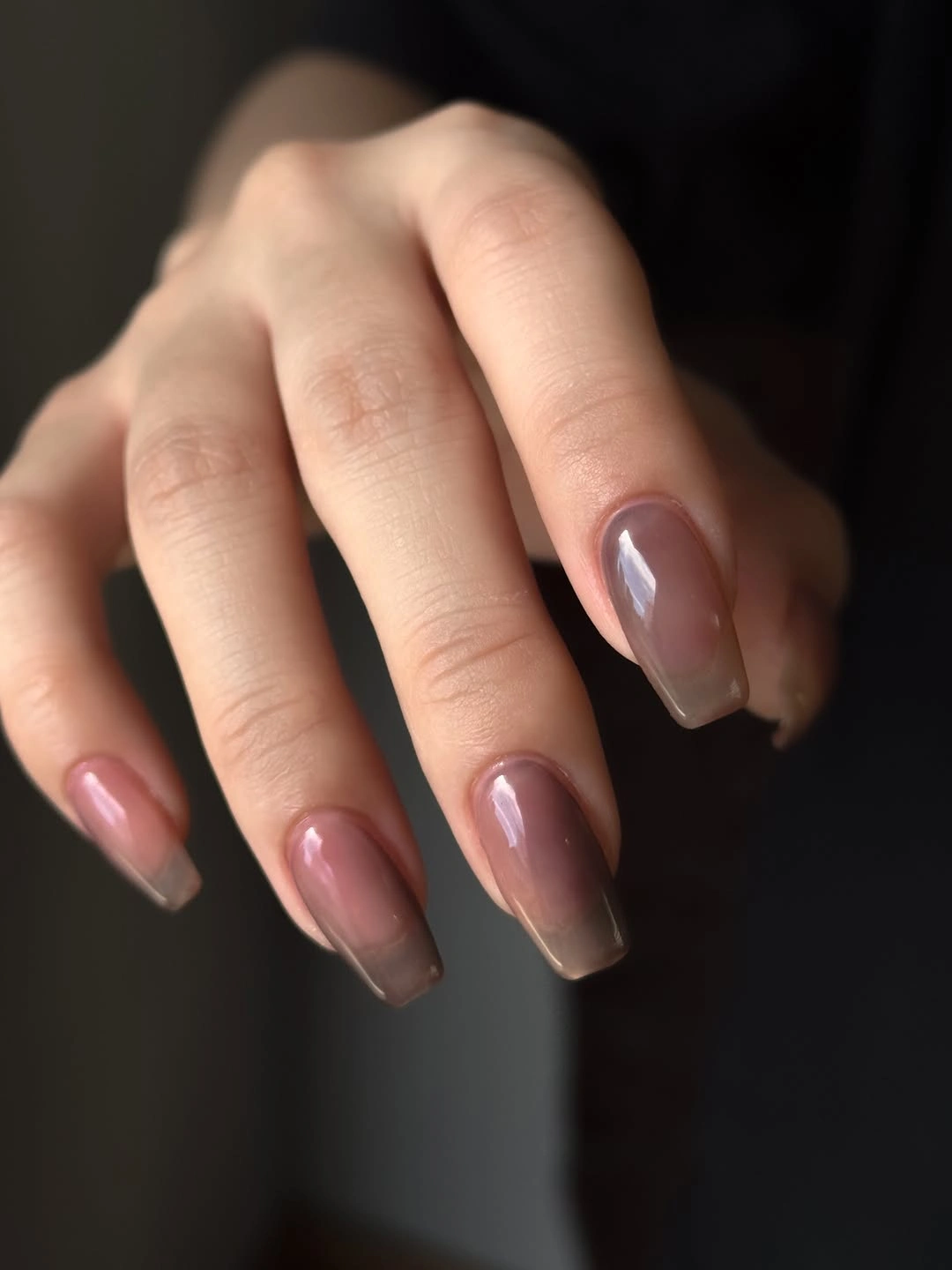 Sheer rosy nude coffin nails with glossy transparent tips