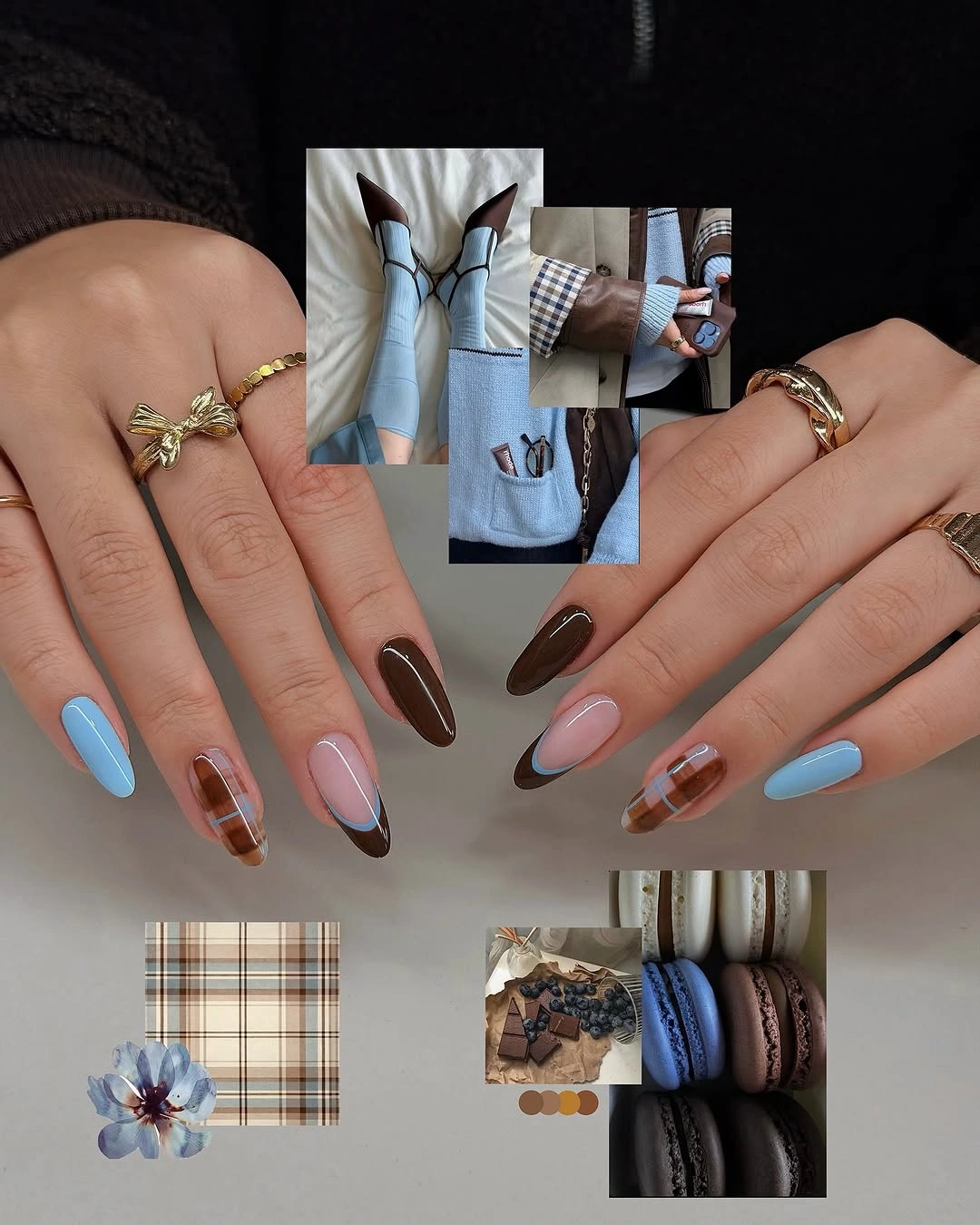 Medium almond nails mixing blue brown blush and plaid accents
