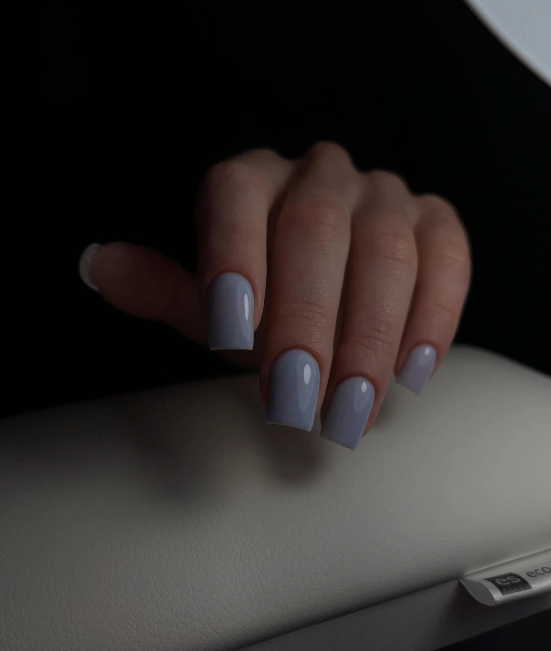 short square nails in a cool periwinkle lavender gloss