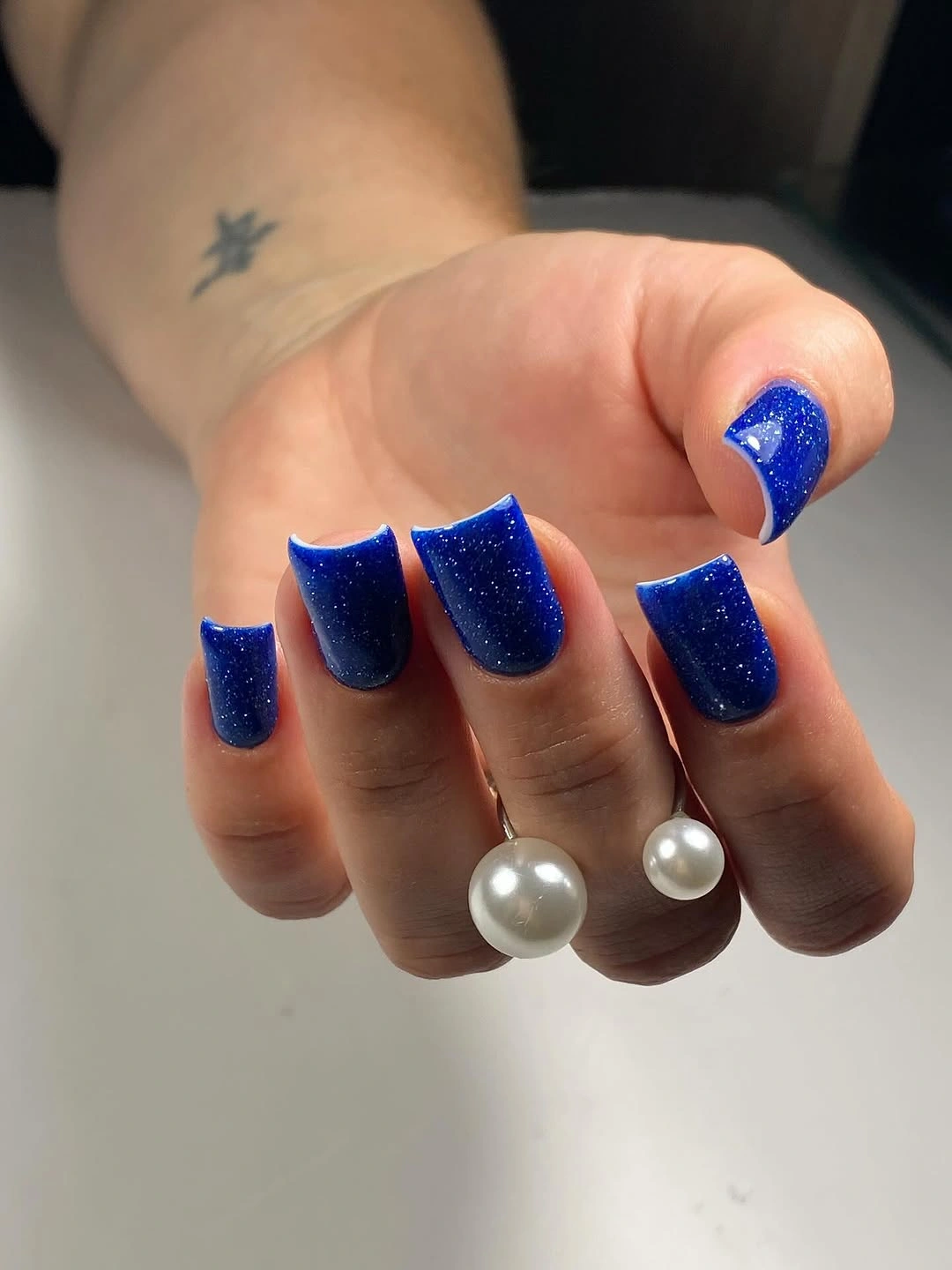 Cobalt blue square nails with dense fine sparkling finish