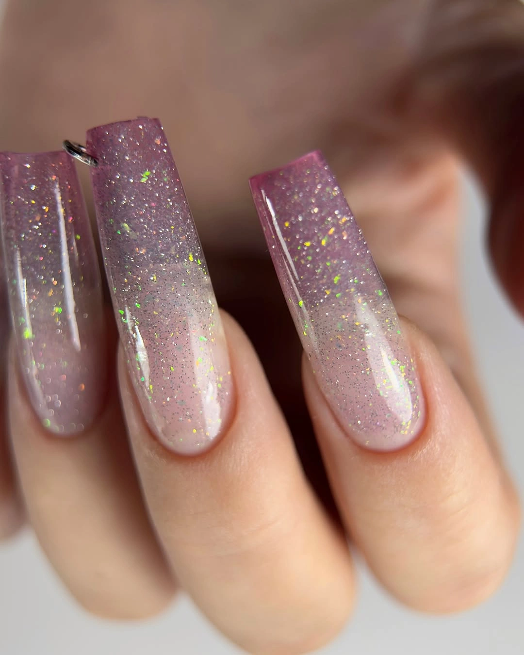 pink glitter fade on clear square nails