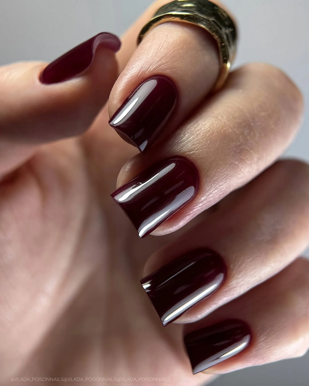 medium square nails in deep burgundy gloss