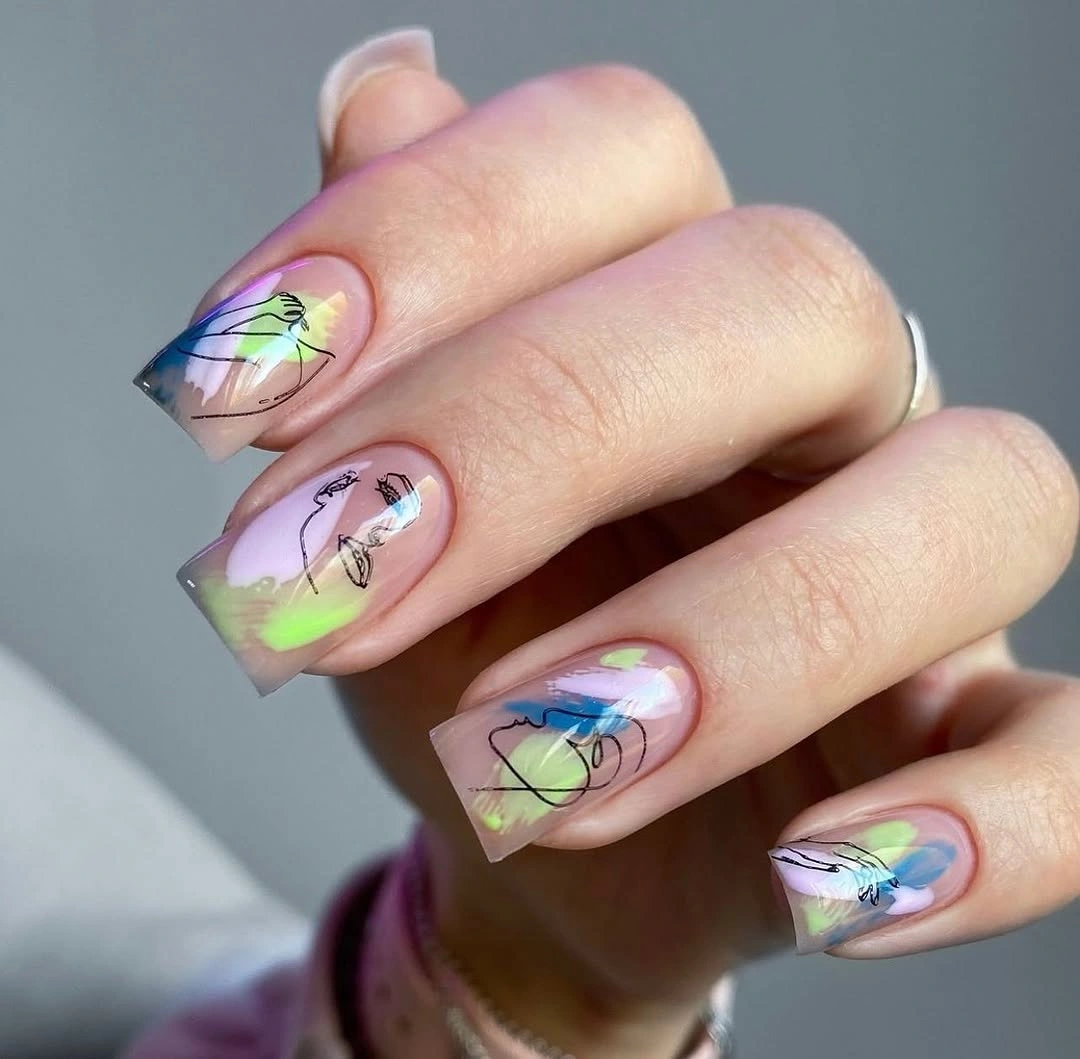 Medium square nails with iridescent aqua lilac abstract details