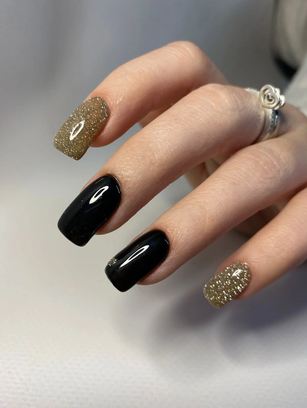 black square nails with champagne gold glitter