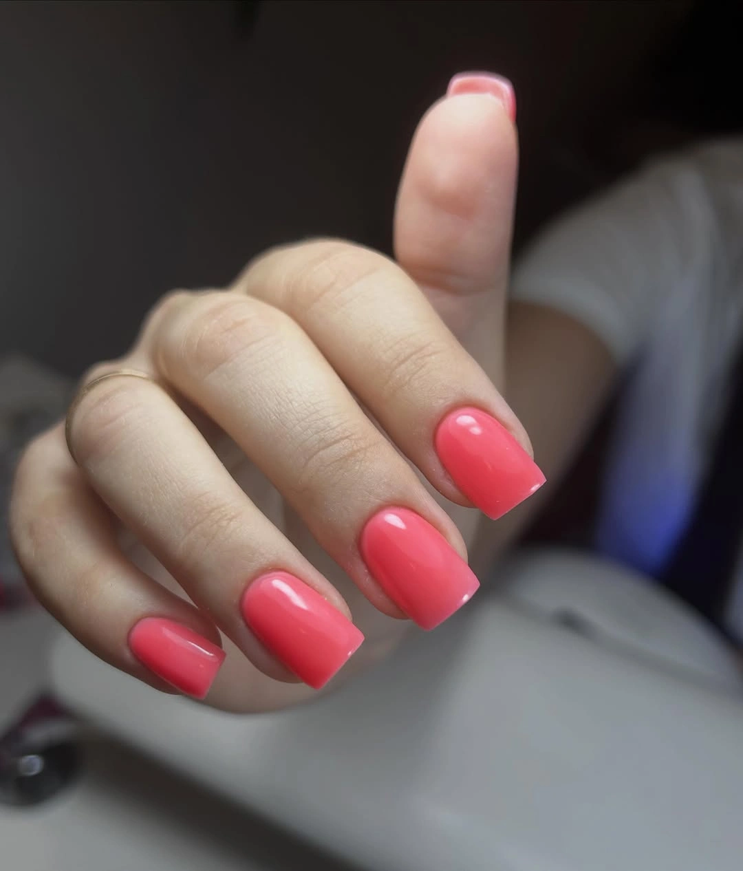 glossy coral pink square nails