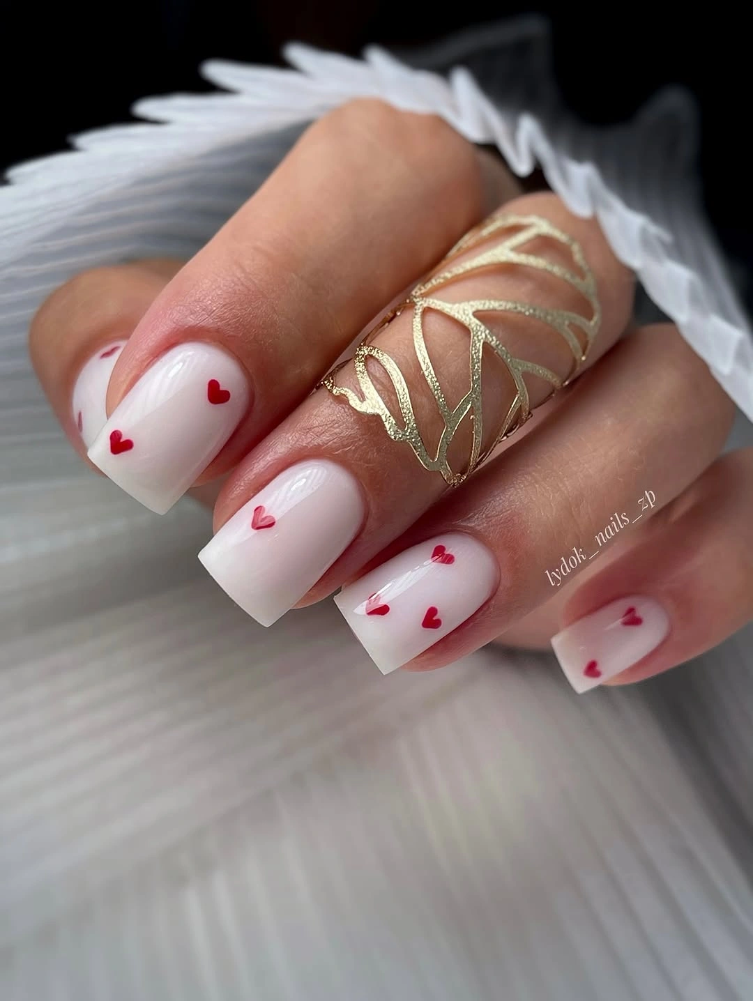 long milky square nails with red hearts