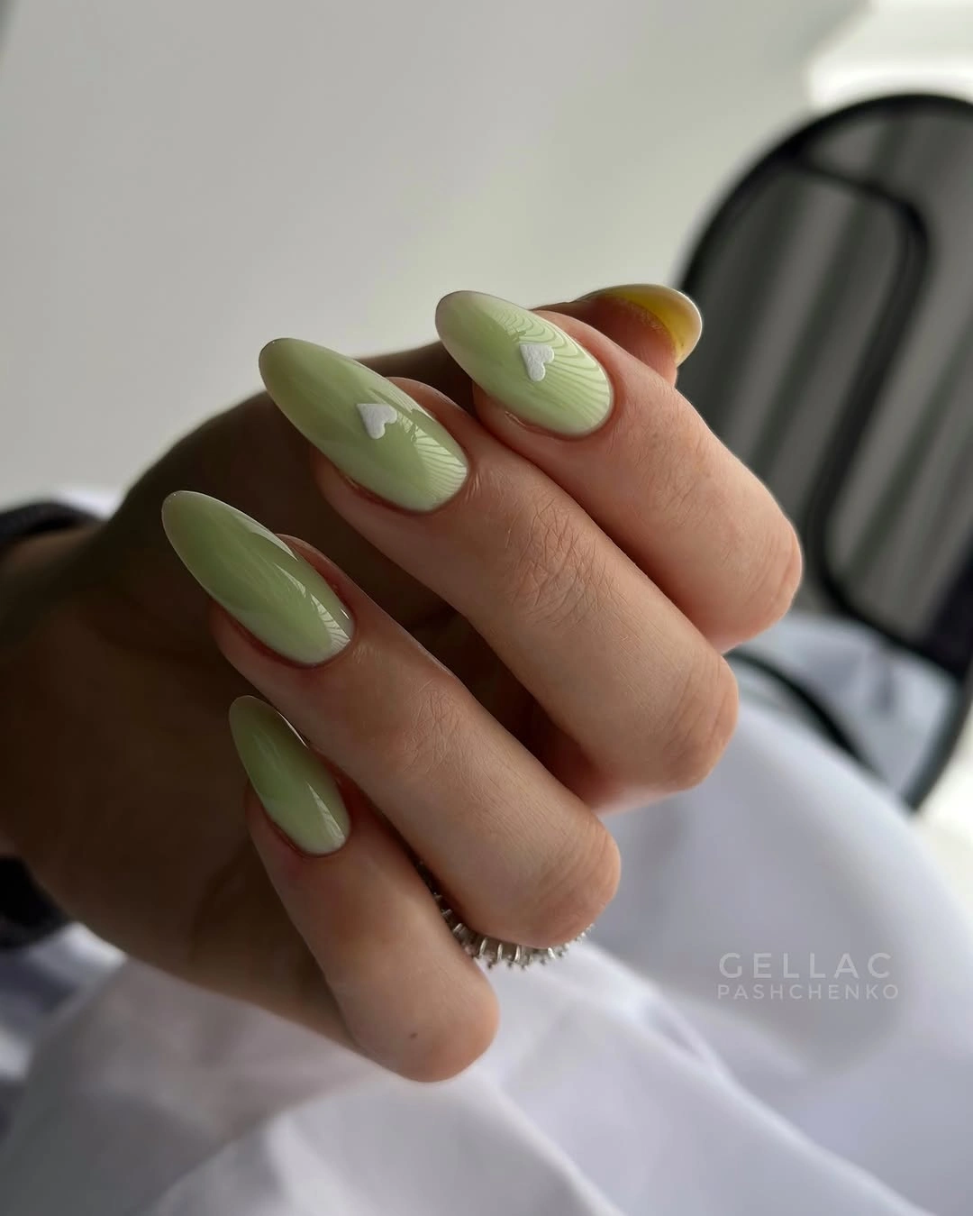 Glossy pistachio and olive green almond fall nails