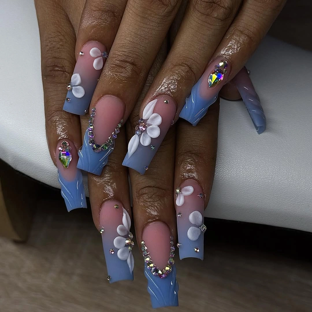 long blue square nails with pink white floral accents