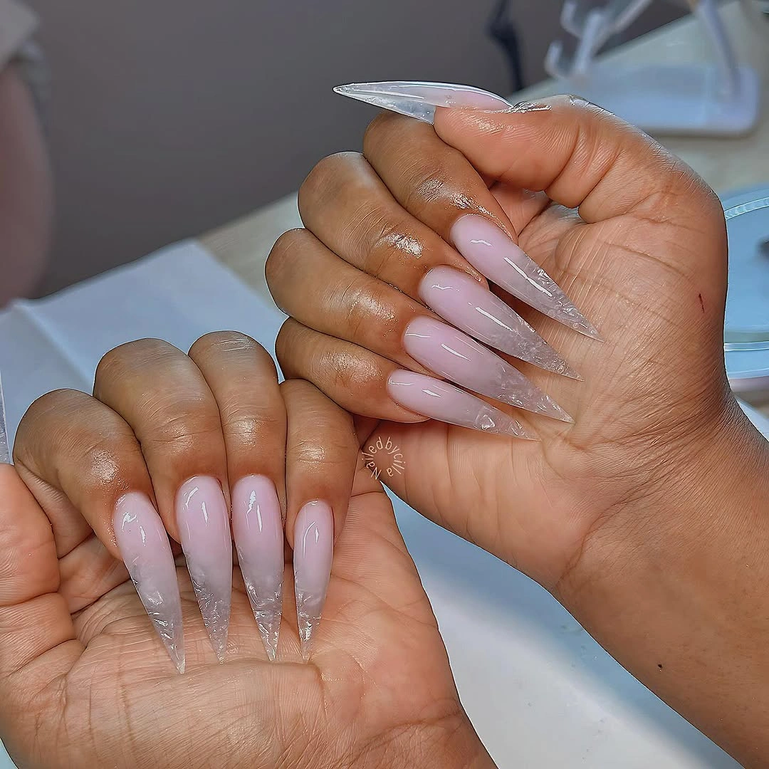 long milky lavender nails with soft glossy gradient