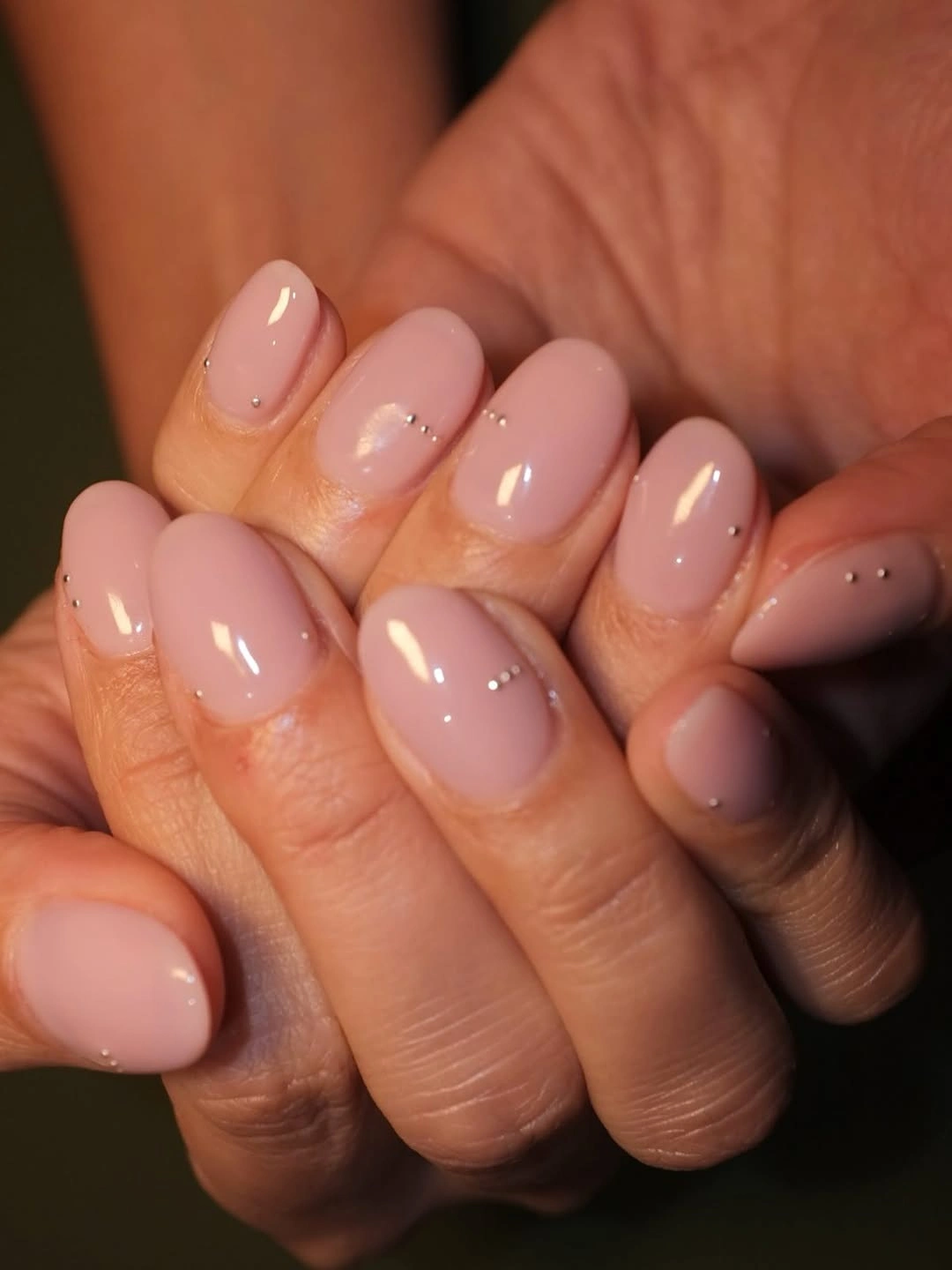 glossy sheer blush rounded nails with delicate accents