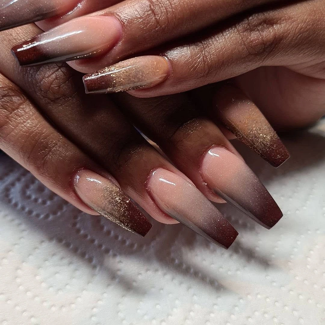 Deep brown ombre coffin nails with fine shimmer