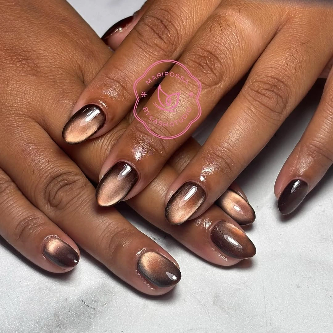 Espresso brown rounded nails with copper center glow
