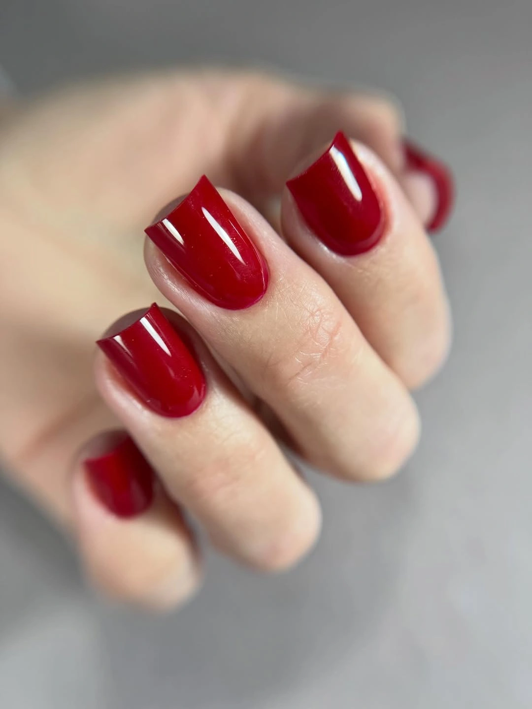Short rounded square deep cherry red nails
