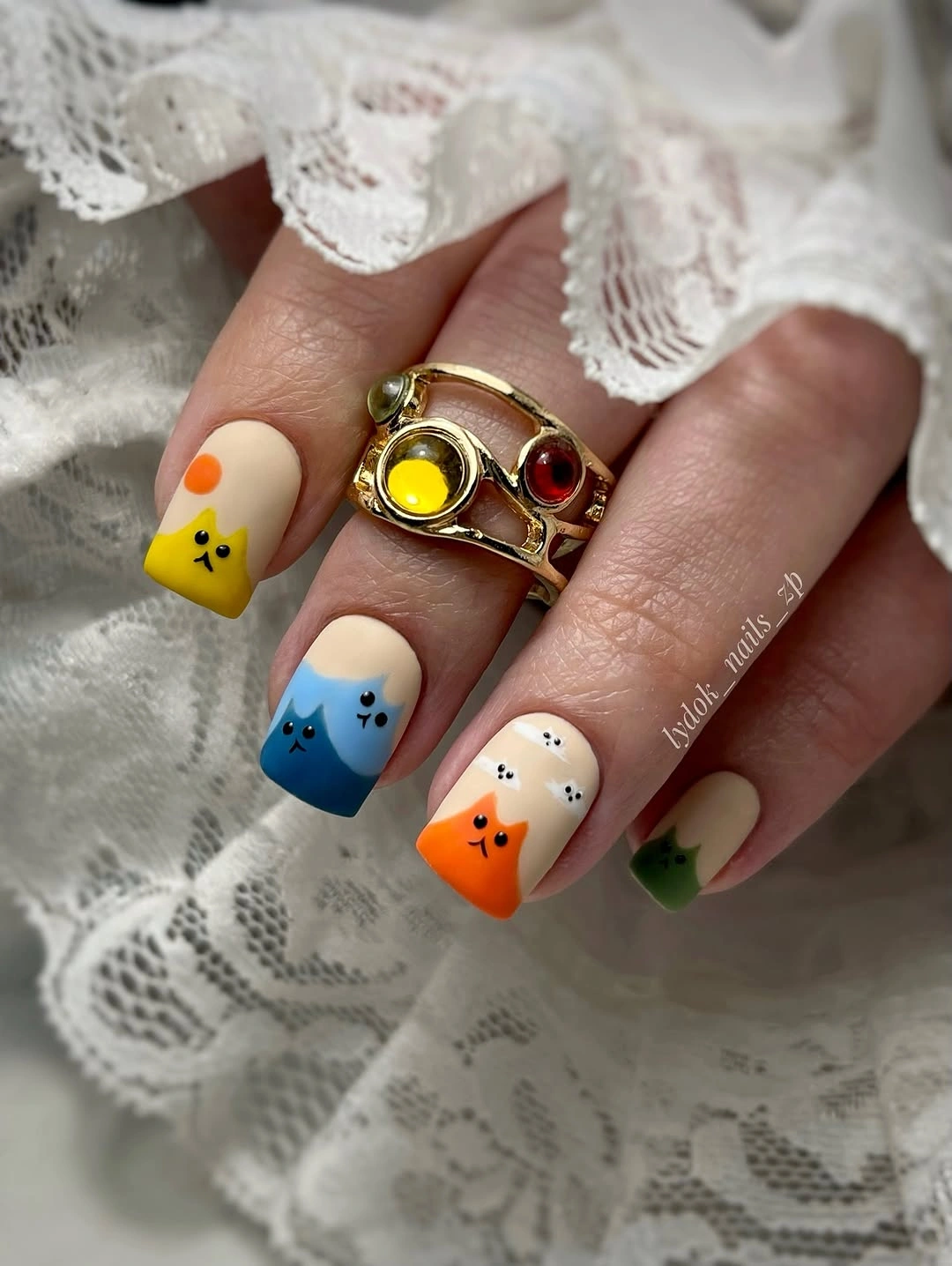 Short square yellow blue cream and orange block nails