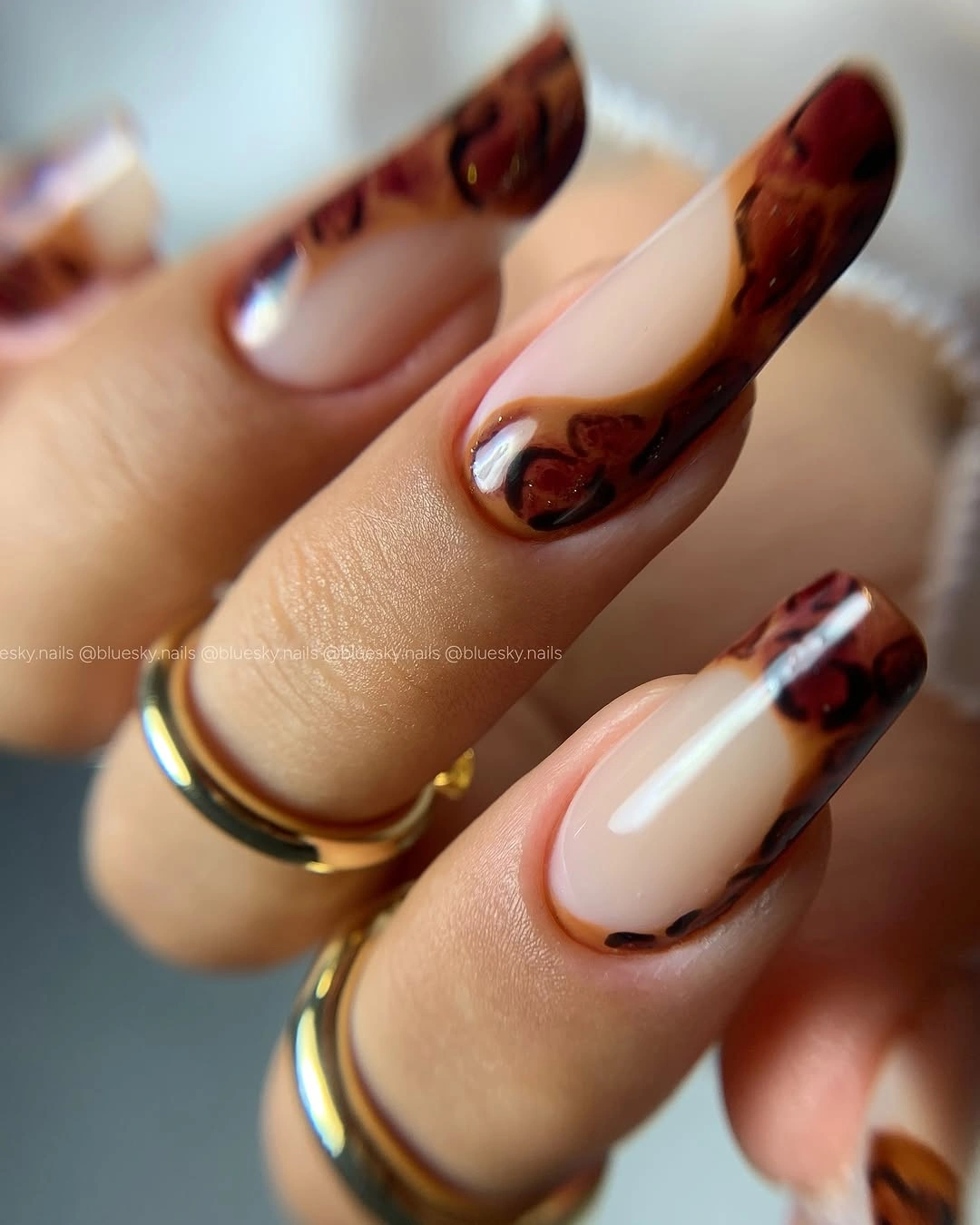 Long almond nails with brown tortoiseshell-like pale centers