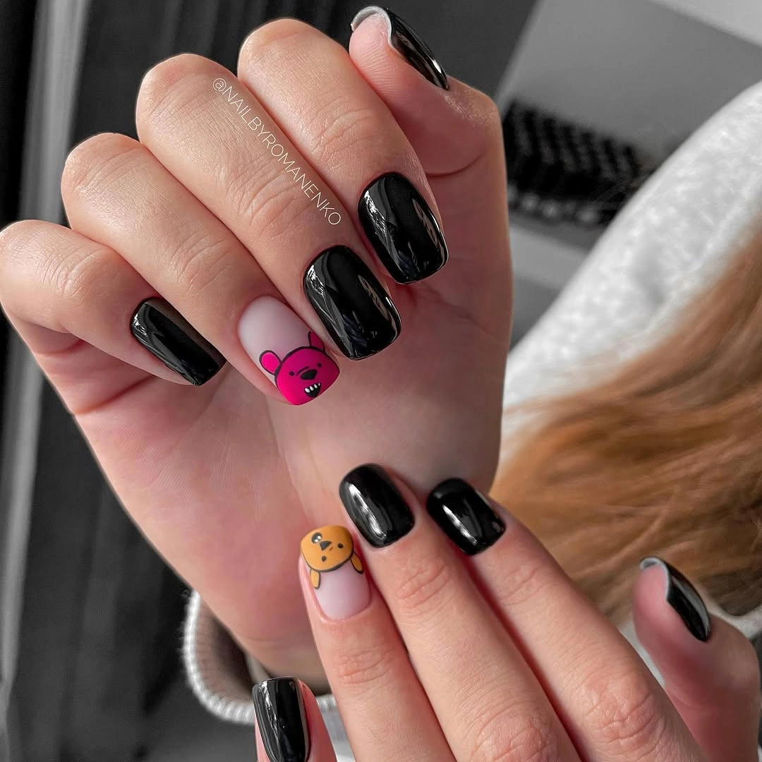 Short glossy black nails with pink and peach accents