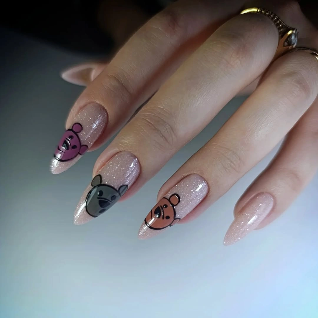 Blue square nails with black white patterned accent tips